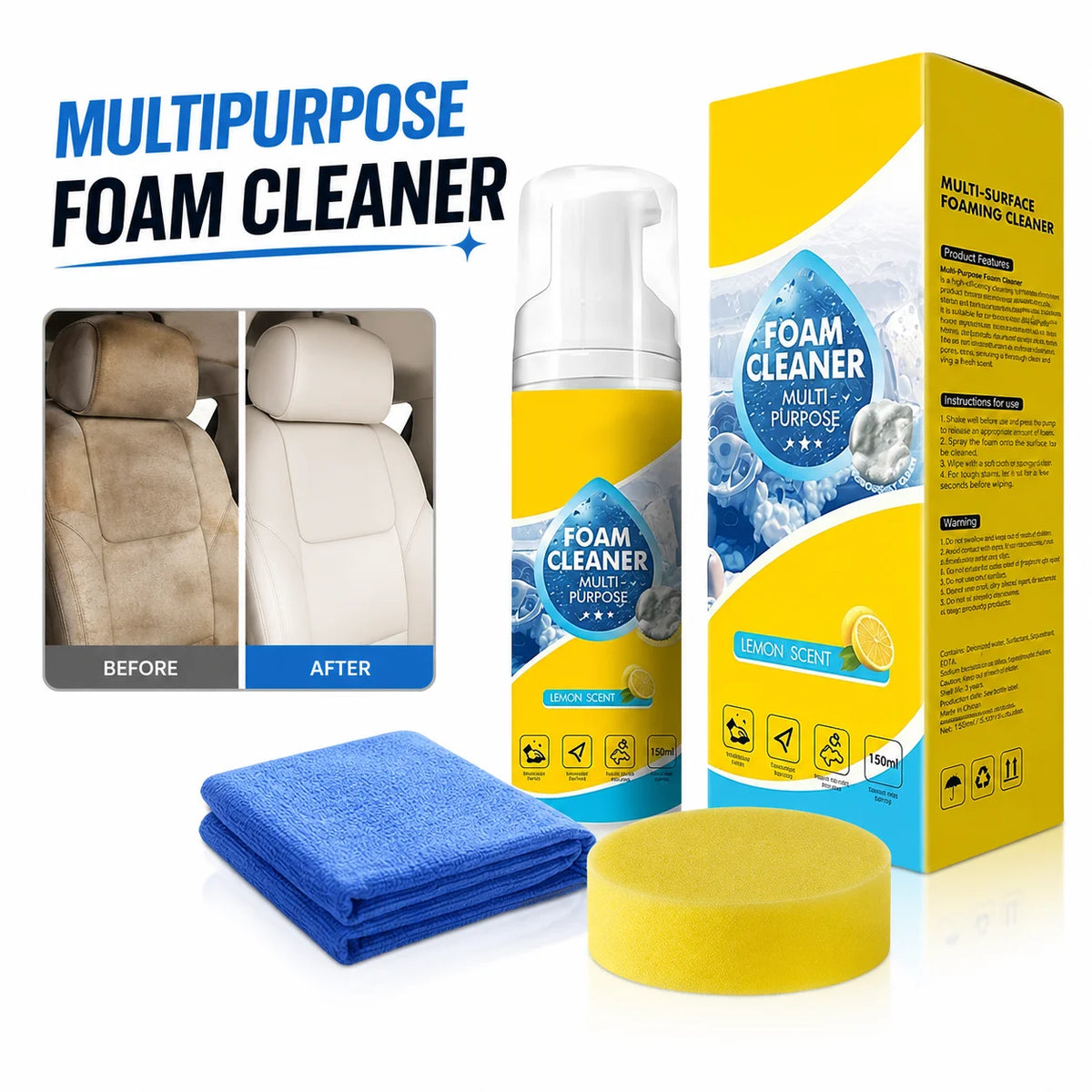 Multipurpose Car Interior Foam Cleaner for Leather Seats Fabric Roof White Shoes Neutral Stain Remover with Sponge Cloth Quake