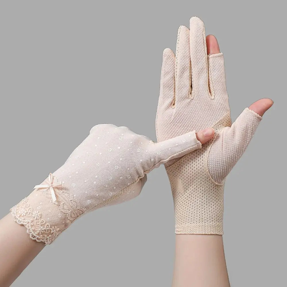 Summer UV Protection Sunscreen Gloves Lace Thin Anti-UV Mittens Elastic Slip Resistant Sun Protection Gloves Women Girls Quake Apricot