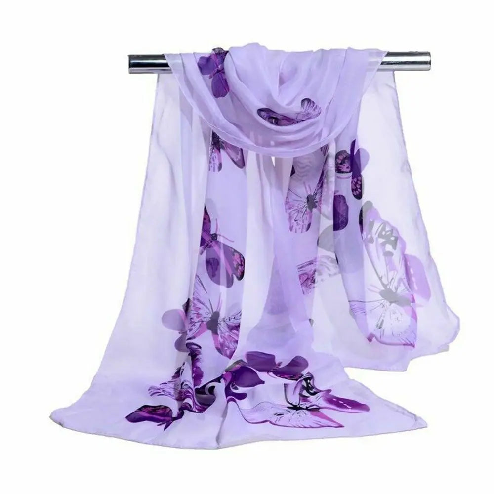 New Trendy Elegant Silk Scarves Women's Butterfly Flower Print Long Chiffon Scarf Soft Wrap Lady Shawl Fashion Accessories Quake purple