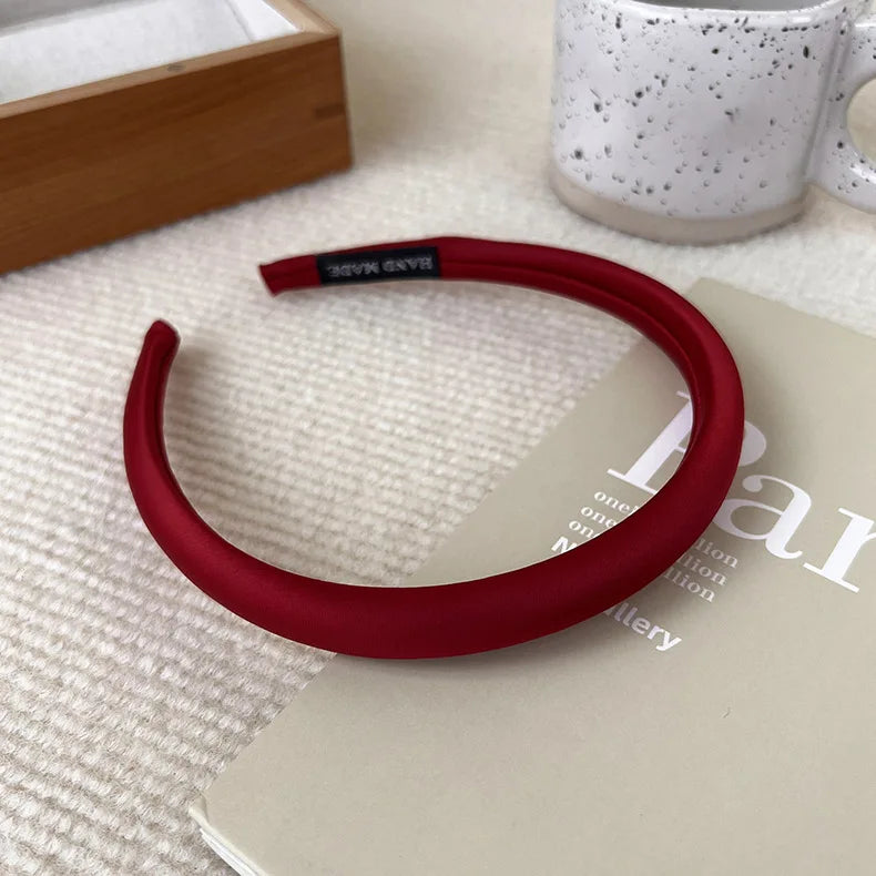 Satin Thin Edge Sponge Headband Women's Pure Color High Skull Top Hair Accessories Headband New Arrival Quake C red