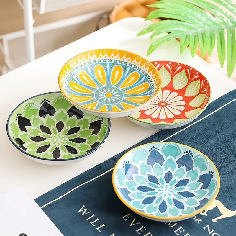 4pc Bohemian Ceramic Plate - Side Dish, Appetizer, Sauce, Bread, Pastry & Breakfast Plates, Safe for Dishwasher& Microwave Quake four saucers