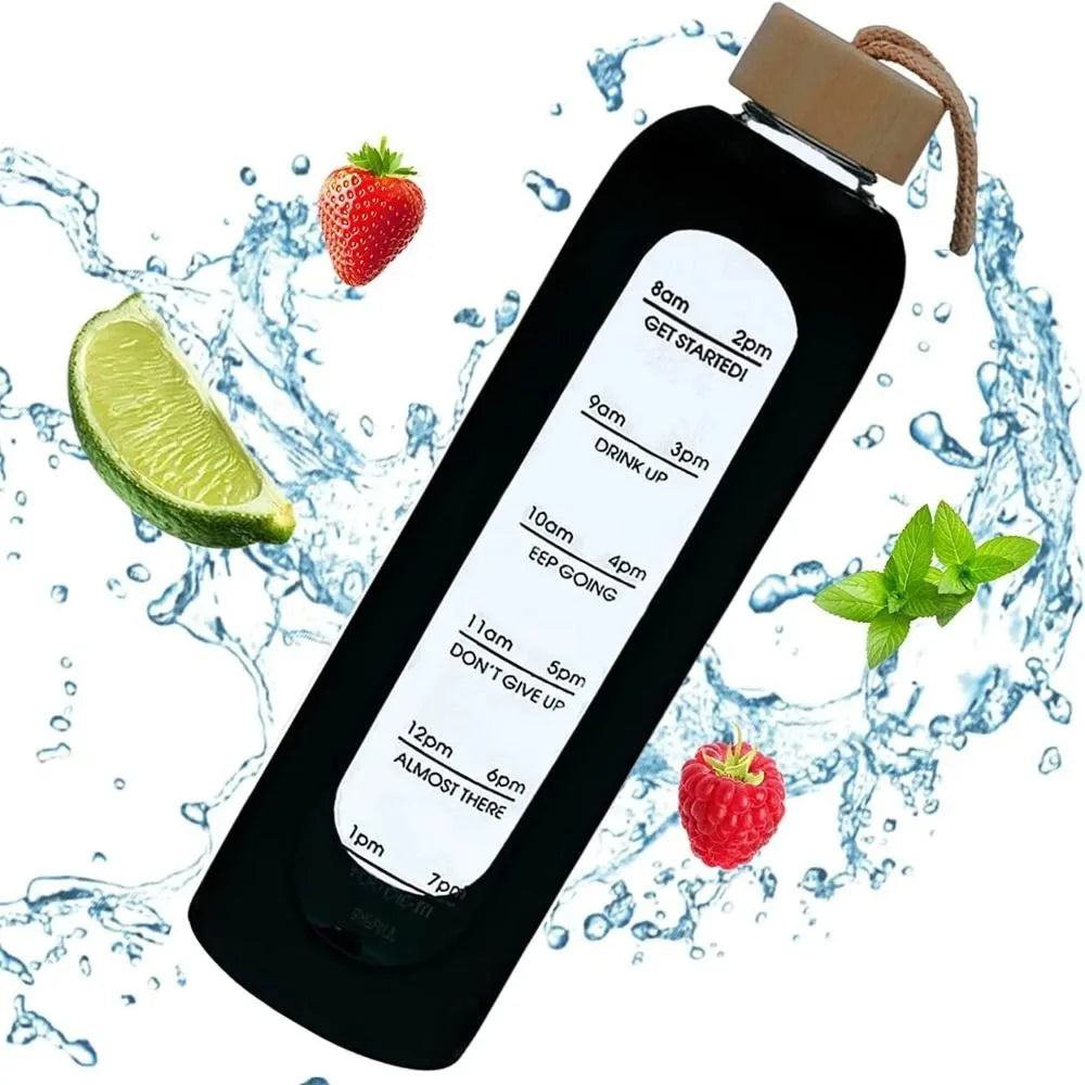 Trendy Time-marked Glass Water Bottles Bamboo Lid Sport Silicone Sleeve Drink Bottle Free of Lead Sports Water Cup Quake