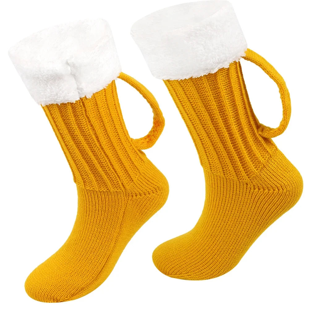 3D Beer Mug Knitted Socks Men's Padded Warm Mid-Calf Socks Women Winter Soft Funny Sleep Floor Socks Woolen Socks Christmas Gift Quake