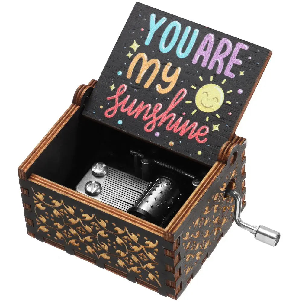 Valentine's Day Birthday Christmas Wooden Black Engraved You are My Sunshine Music Box Hand-Cranked Musical Boxes Quake 1