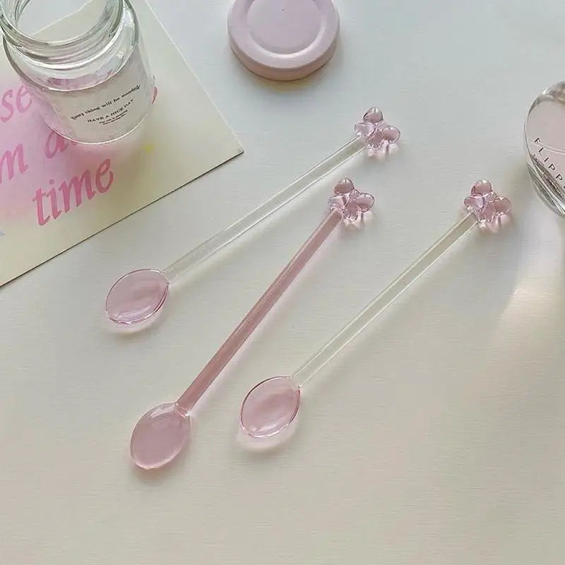 1/2Pcs 15cm Pink Bow Glass Coffee Spoon, Long-handled Dessert/milk Tea Stirring Spoon, Heat-resistant Teaspoon, Kitchen Tool Quake