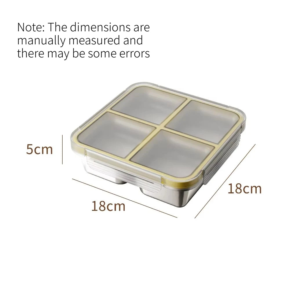 Stainless Steel Compartment Food Container Sealed Lunch Box with Lid Refrigerator Storage Box for Light Meal Fat Loss Food Prep Quake Yellow