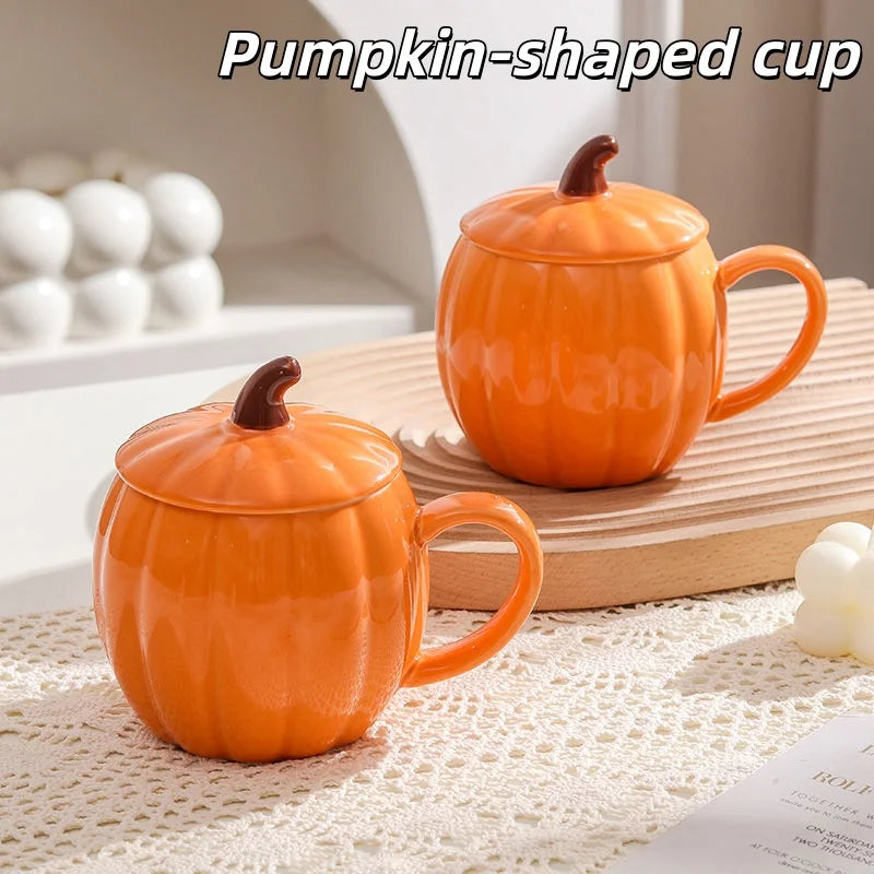 1/2 PCS Cute Pumpkin Ceramic Mug with Lid, 450ml, Coffee Water Milk Oatmeal Cup, Gift for Christmas Halloween Easter Kids Quake