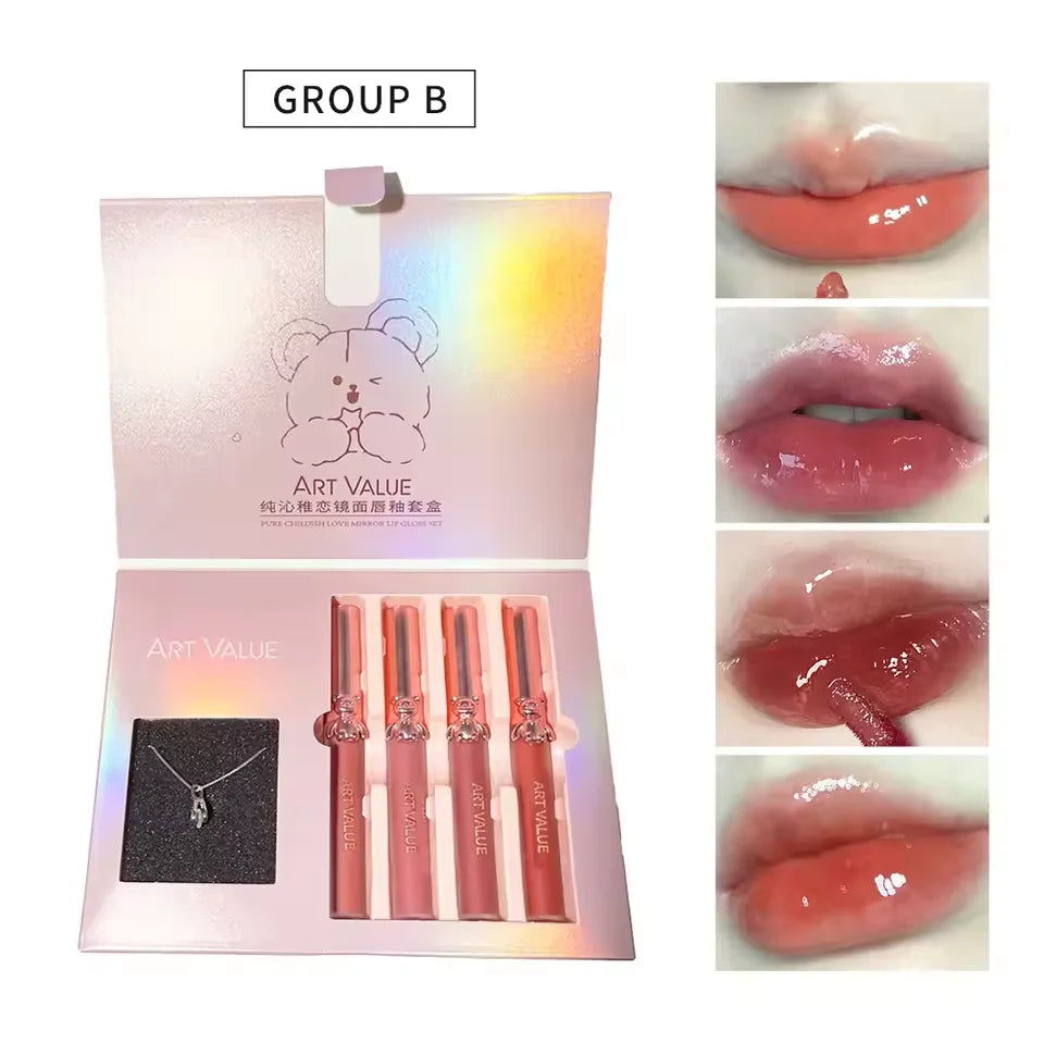 Cute Bear Lip Mud Necklace Set Gift Box,Matte Mirror Lipstick Non-Stick Cup,Ideal Jewelry and Makeup Set,Birthday Gift for Girls Quake B Set