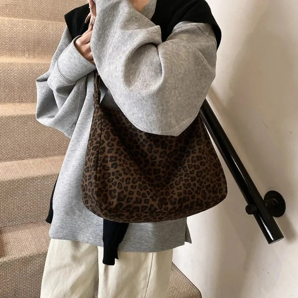 New Soft Textile Women's Shoulder Bag Large Capacity Adjustable Strap Leopard Print Bag Tote Handbag Quake