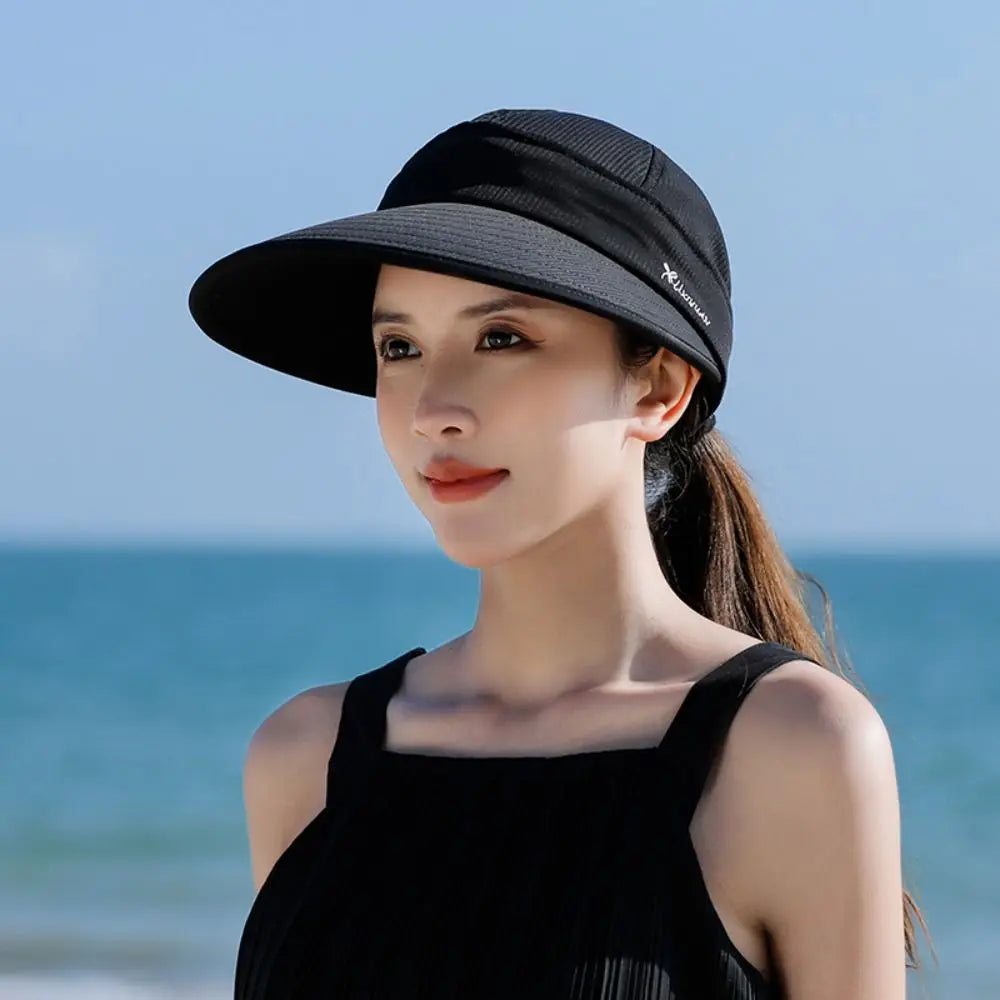 Outdoor Wide Brim Women Summer Sun Hat UV Protection Detachable Empty Top Ponytail Cap Foldable Adjustable Beach Cap Quake black