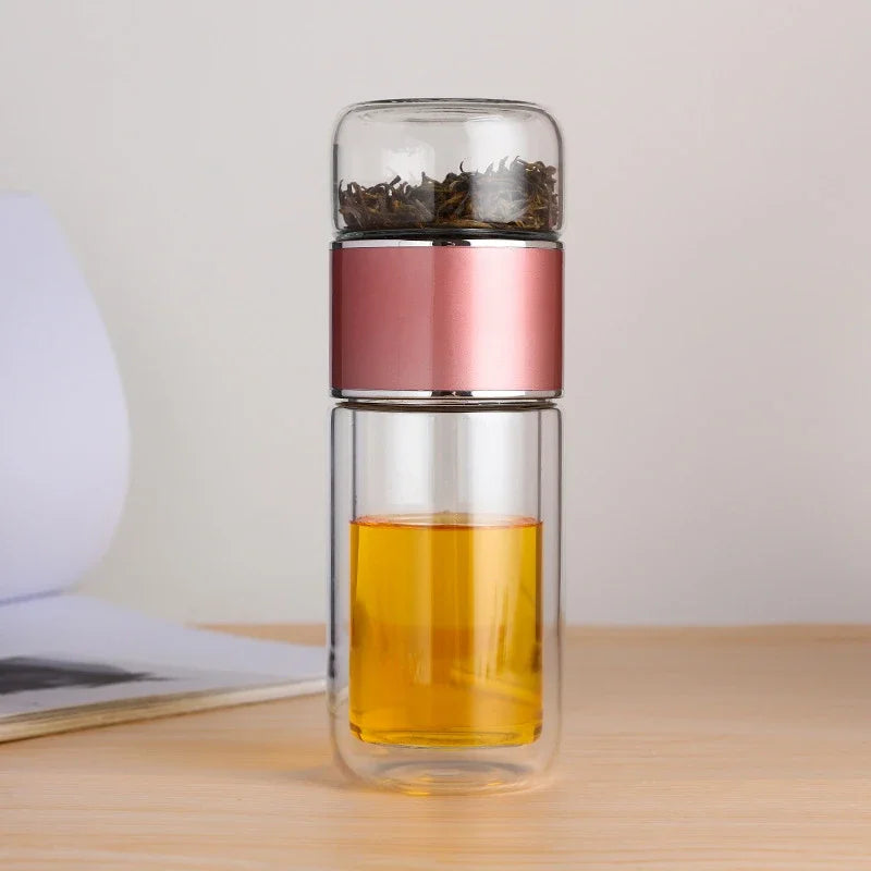 Tea Separation Tea Cup Men's High-end Personal Use Double-layer Glass Heat-resistant and Explosion-proof Water Cup Quake 350ml pink