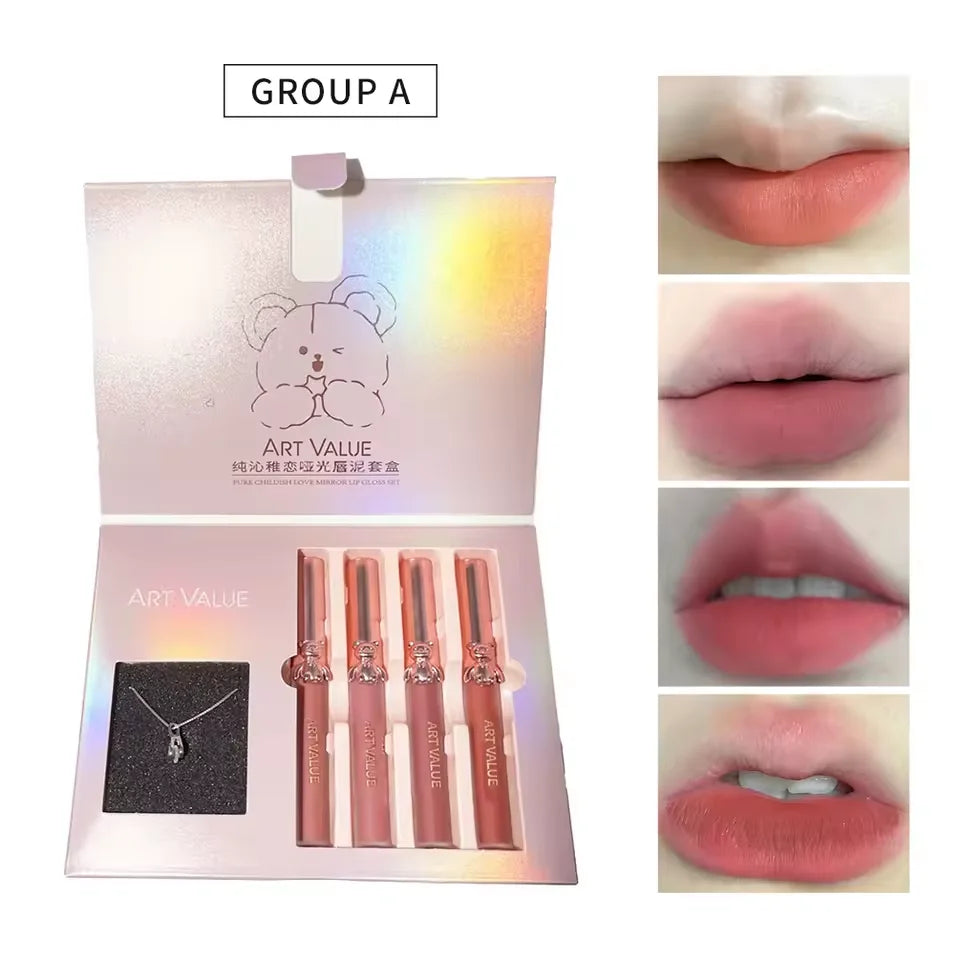 Cute Bear Lip Mud Necklace Set Gift Box,Matte Mirror Lipstick Non-Stick Cup,Ideal Jewelry and Makeup Set,Birthday Gift for Girls Quake A Set