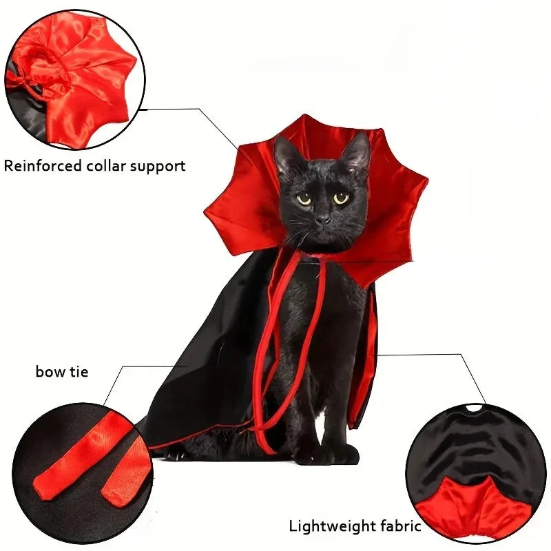 Spooky Vampire Halloween Costume for Cats, Cloak & Hat Set, Pet Party Festival Cosplay Apparel Quake
