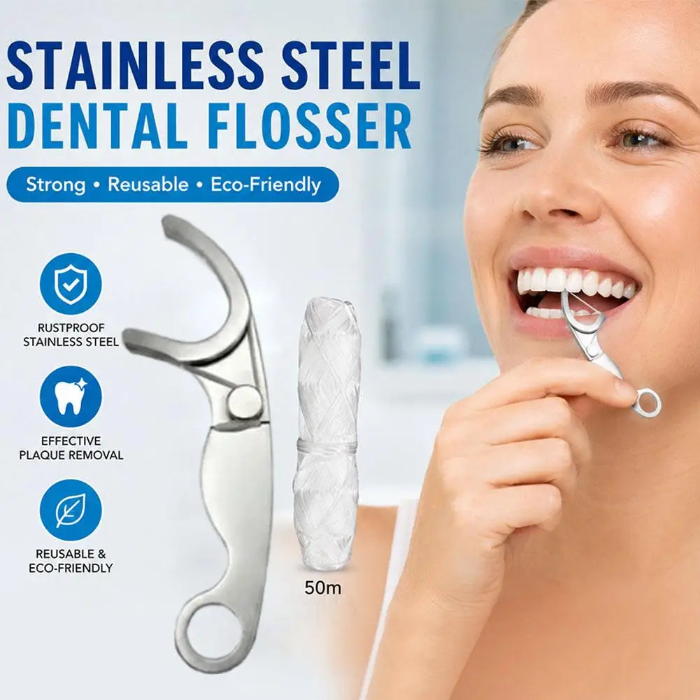 Stainless Steel Toothpick Dental Floss Reusable Flossing Holder Set Eco-friendly Teeth Cleaning Tools with 50 meters of floss Quake