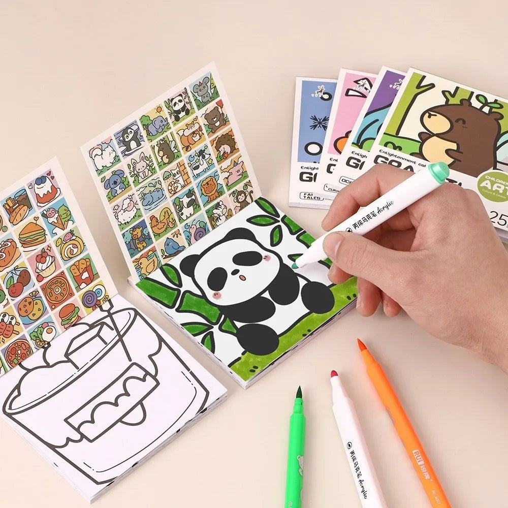 DIY Mini Cartoon Coloring Book 25Sheets Portable Watercolor Coloring Book Note Coloring Painting Album Drawing Practice Quake
