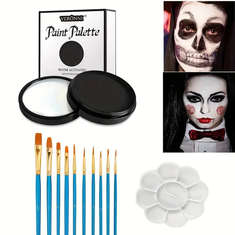 30G Water Monochromatic Face Body Painting Palette Halloween Face Body Paint Makeup Body Partie 10 Brushes and Palettes Set Quake 3pcs black