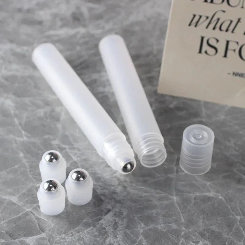 vvocci 10ml Empty Plastic Roll-on Perfume Bottle with Steel Ball, Refillable Oil Container & Holder Quake