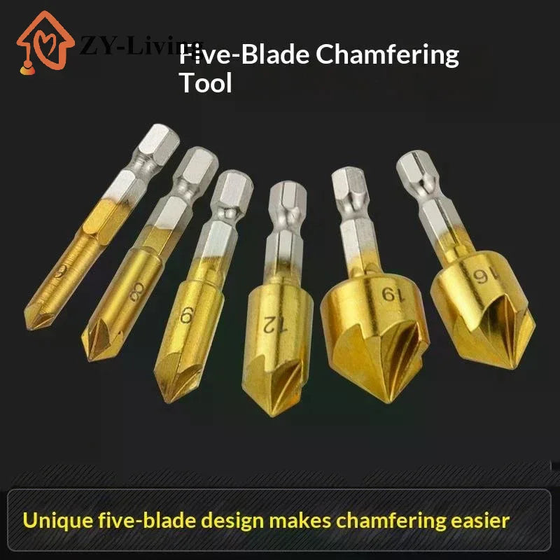 3/6Pcs Hexagonal Handle Titanium Plated Five Edge Chamfering Knife Countersunk Drill 6-19mm Woodworking Spot Facer Tool Set Quake