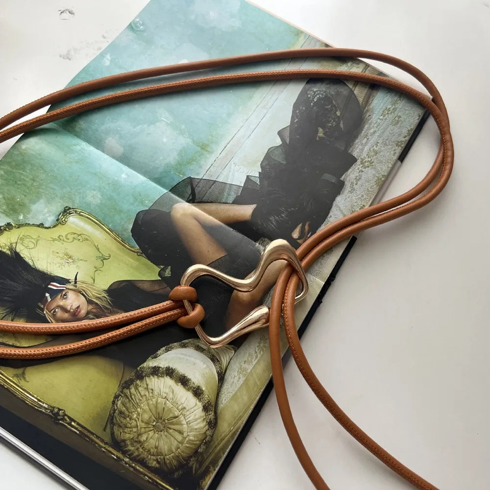 Fashion PU Leather Women Thin Belt Rope Knotted Golden Buckle String Waist Belt Long Dress Coat Waistband Ladies Black Straps Quake