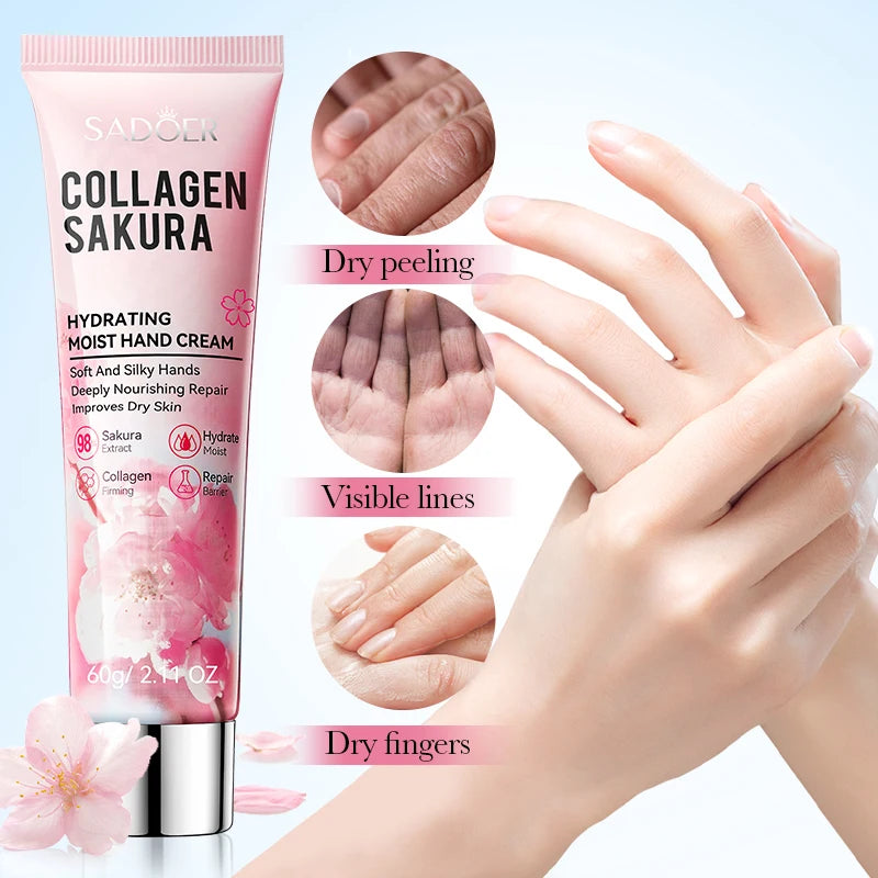 Sakura Collagen Hydrating Hand Cream Moisturizing Hand Lotion For Dry Cracked Hands, Deep Repair Smooth Hands Care 60g Quake