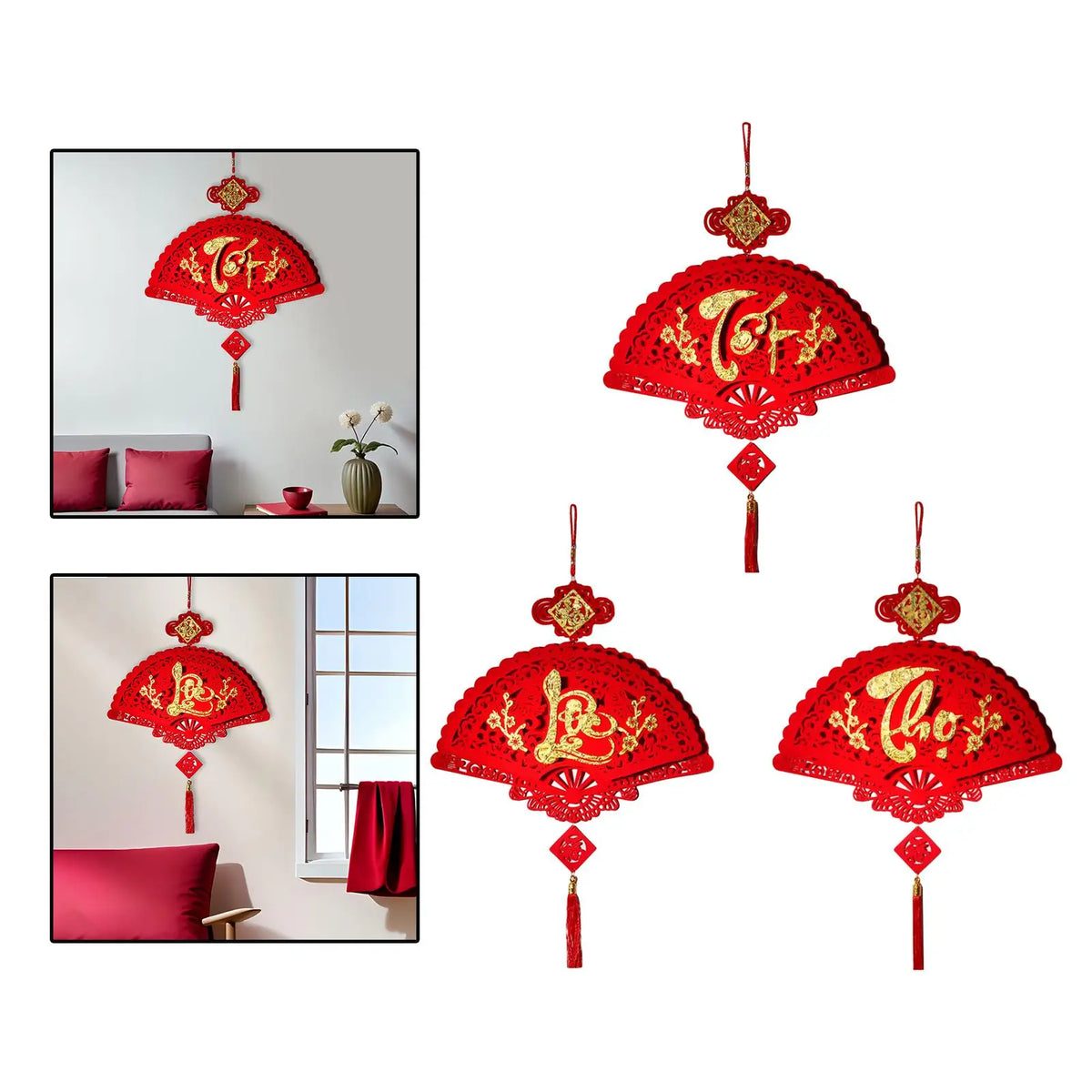 Blessing Tassle Red Paper Fan Hanging Ornament Party Decoration for Vietnamese New Year Festival Decor Quake