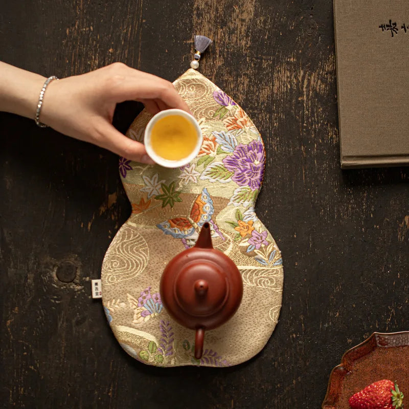 Double-sided Tea Mat Nishijin Weaving Gourd Chinese Zen Style Tea Tablecloth Heat Insulation Mat Teapot Holder Tablecloth Quake