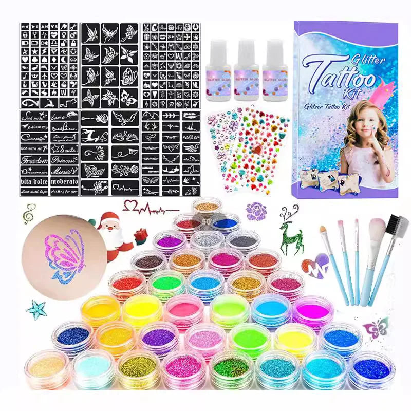 Temporary Glitter Tattoo with Stencils 30 Glitter Colors Adults Kids Body Arts Glitter Make Up Kit Gifts for Girls Boys Birthday Quake