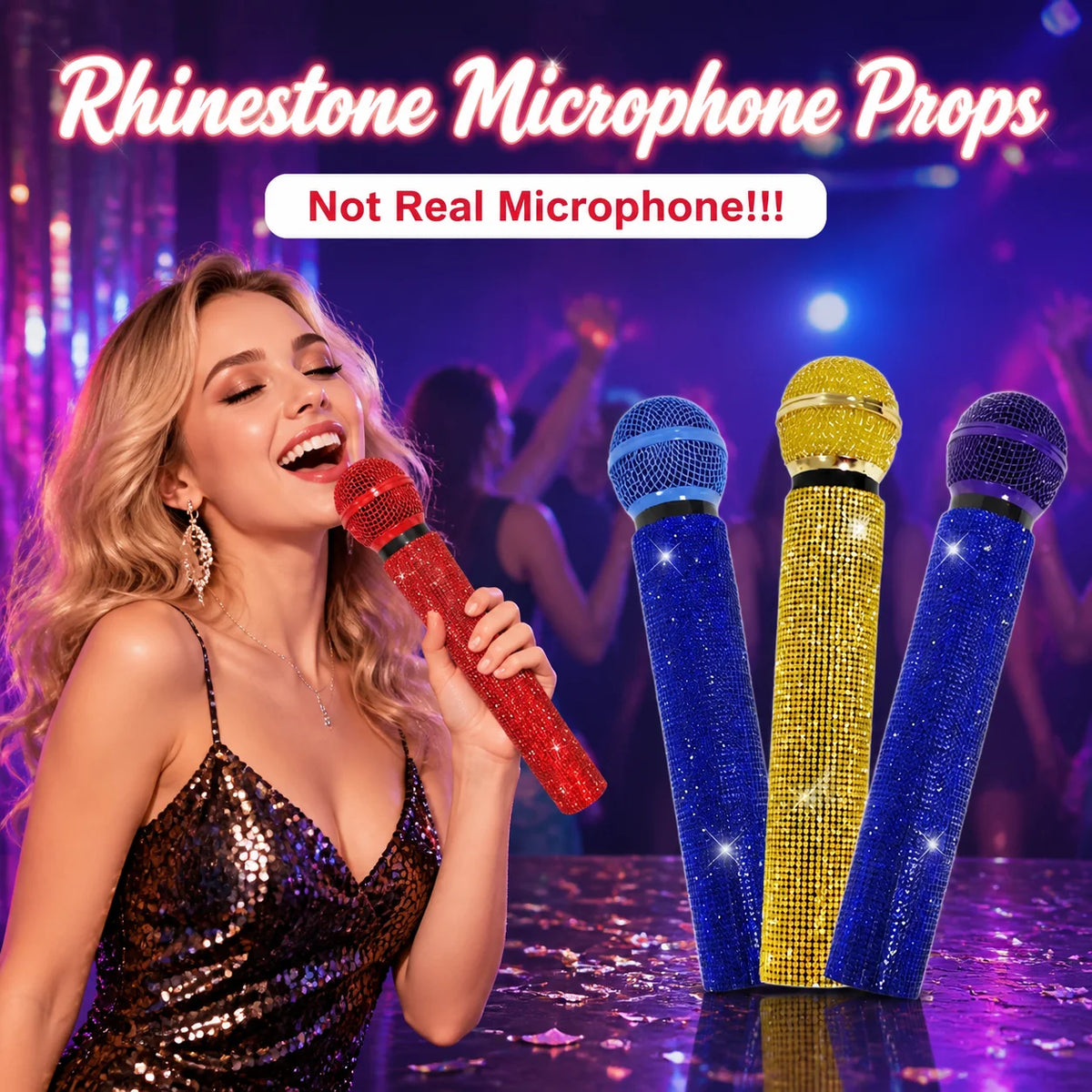 Rhinestone Microphone Prop,Sparkly Toy Fake Mic,Plastic Microphone Toy Mic For Home Bar Party Cosplay Photography Decoration Quake