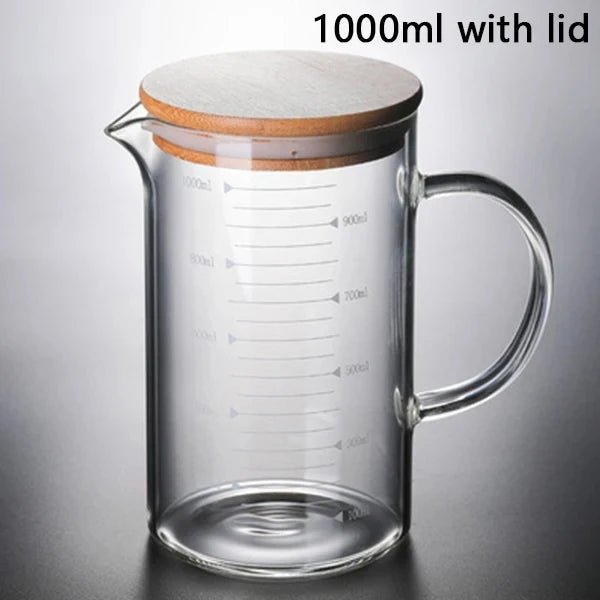 YWDL 250-1000ml Food Grade Glass Measuring Cups Kettle Kitchen Milk Tea with Lid and Handle Laboratory Beaker Measuring Mug Quake 1000ml