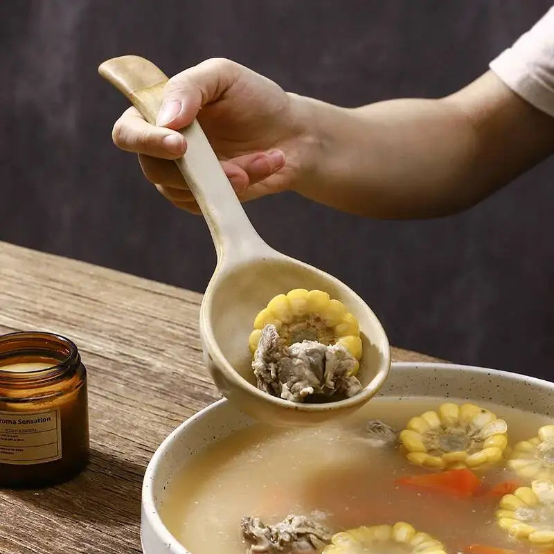 Rustic Ceramic Serving Spoon Long-handled Soup Spoon Large Spoon Ceramic Tableware Quake