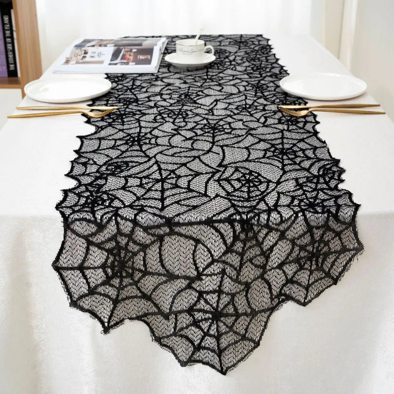 Lace Spider Web Halloween Table Runner Embroidered Table Cover Festive Table Decoration for Themed Party Supplies Quake