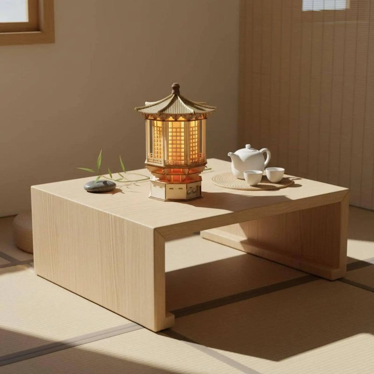 Basswood Plywood Palace Pagoda Lamp Kit Traditional Chinese Aesthetic Craft Art Deco Table Light for Study Room Quake RotatingKit 100V-240V US Plug