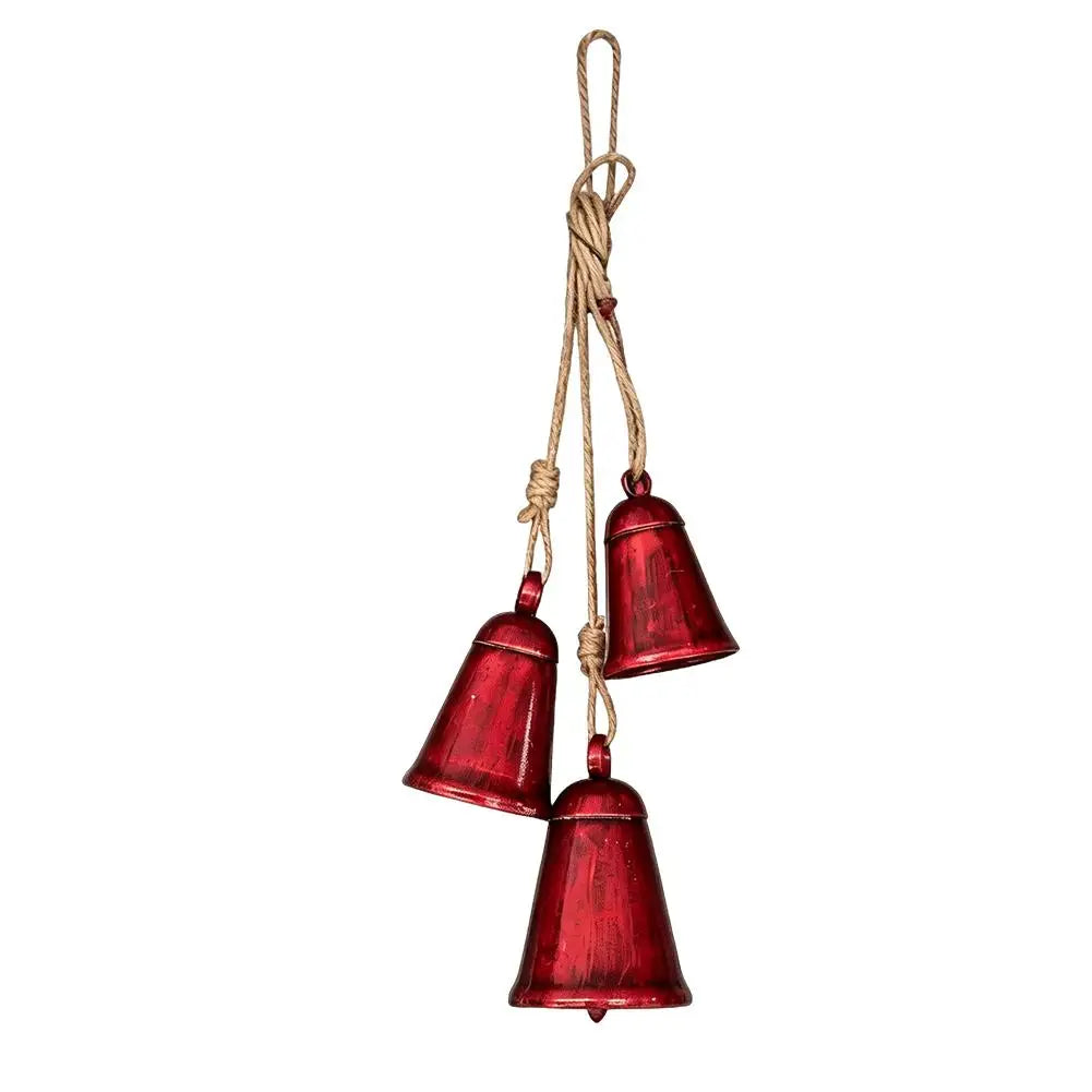 Vintage Christmas Bell Set 3Pcs Rustic Metal Hanging Bells Jute Rope Pendant for Front Door Tree Fireplace Farmhouse Decor Quake Red A