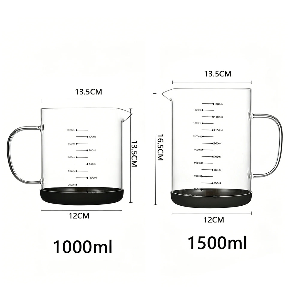 YWDL 1/1.5L High Borosilicate Glass Measuring Cup with Removable Silicone Base Heat Resistant Pitcher with Scale Mark Baking Cup Quake