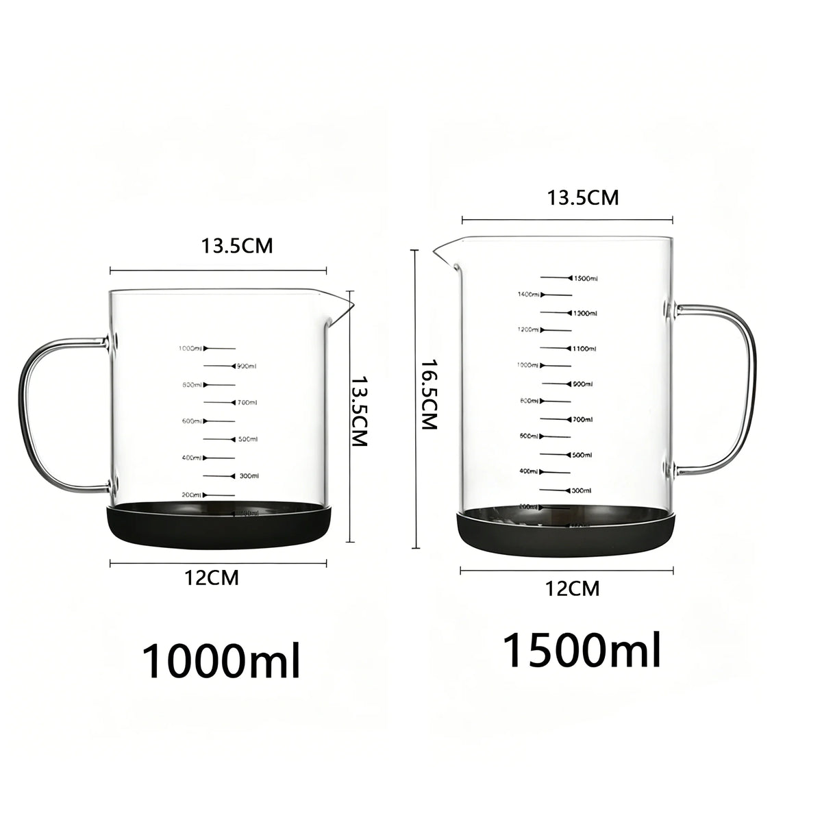 YWDL 1/1.5L High Borosilicate Glass Measuring Cup with Removable Silicone Base Heat Resistant Pitcher with Scale Mark Baking Cup Quake