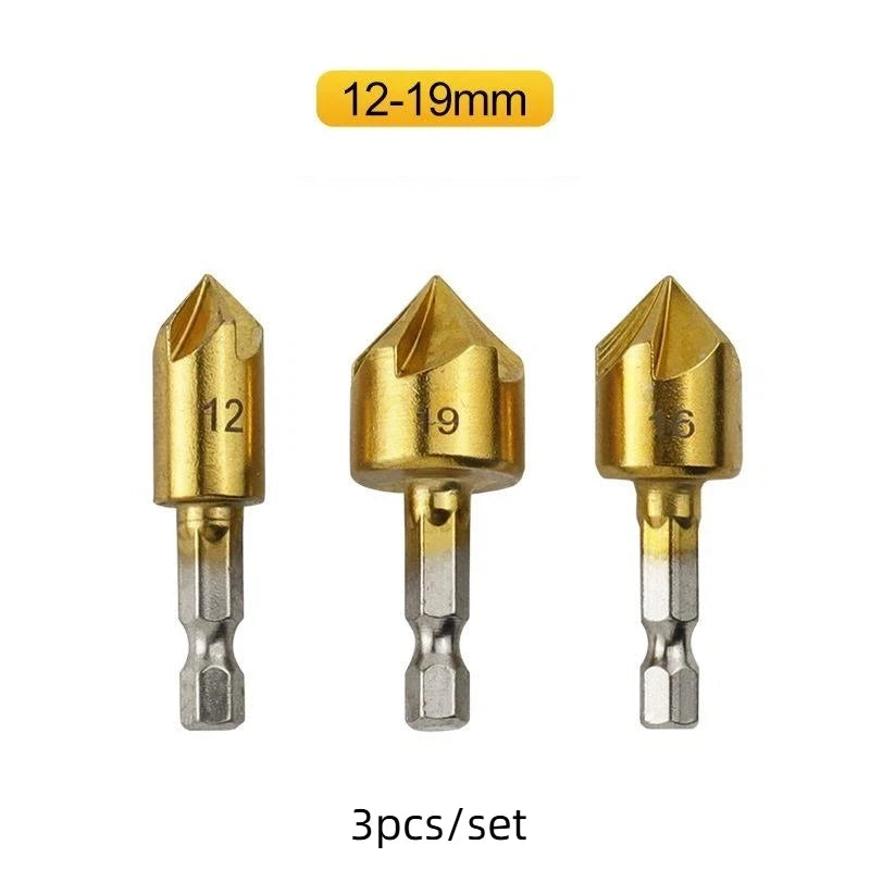 3/6Pcs Hexagonal Handle Titanium Plated Five Edge Chamfering Knife Countersunk Drill 6-19mm Woodworking Spot Facer Tool Set Quake L 3PCS