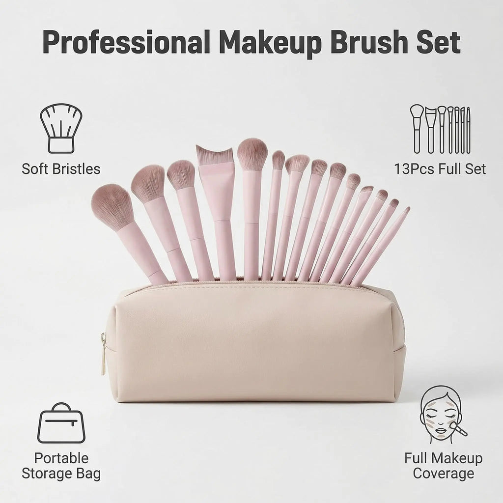 13 PCS Professional Makeup Brush Set with Bag, Soft Bristles, Powder, Blush, Foundation, Eyeshadow Brushes Quake