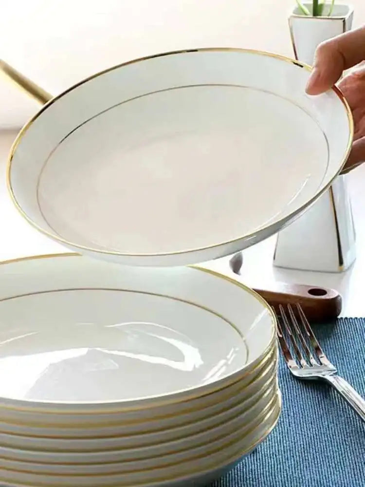 Bone China Gold Border Vegetable Deep Plate Ceramic Dining Plate Tableware Quake