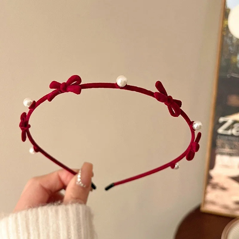 Sweet Cute Bow Headband Fine Velvet Pearl Flower Headband for Women Girls Outdoor Hair Hoop Pressing Hair Styling Accessories Quake