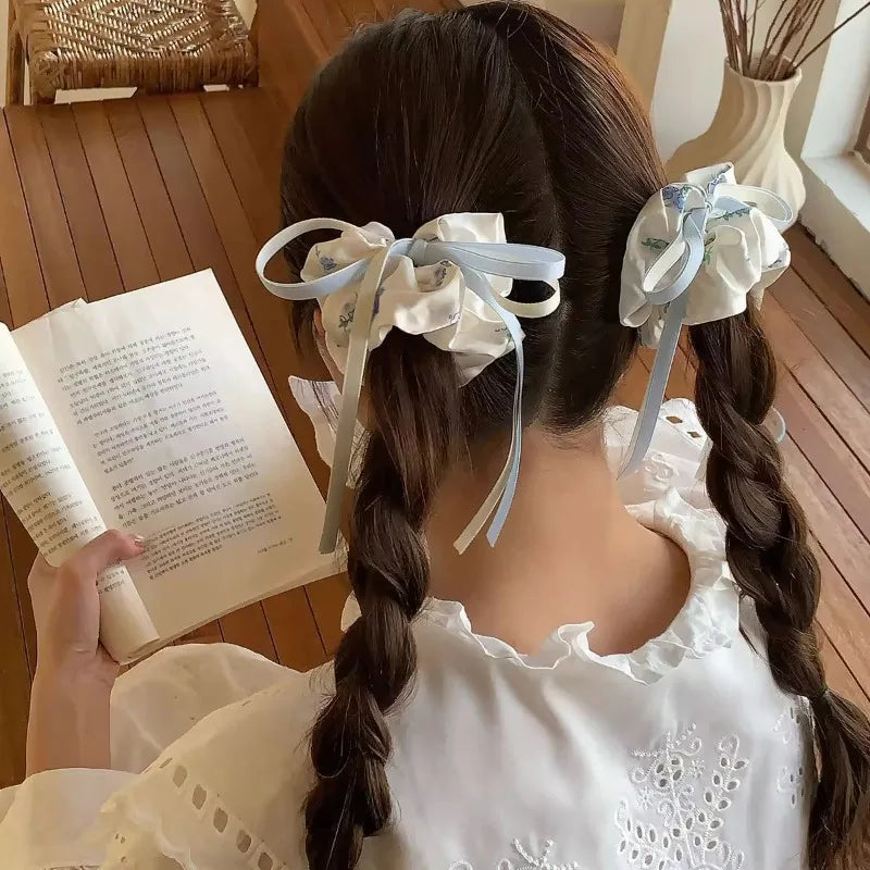 Satin Floral Bow Headband Sweet Girl Double Ponytail Large Intestine Headband Hair Accessory Quake