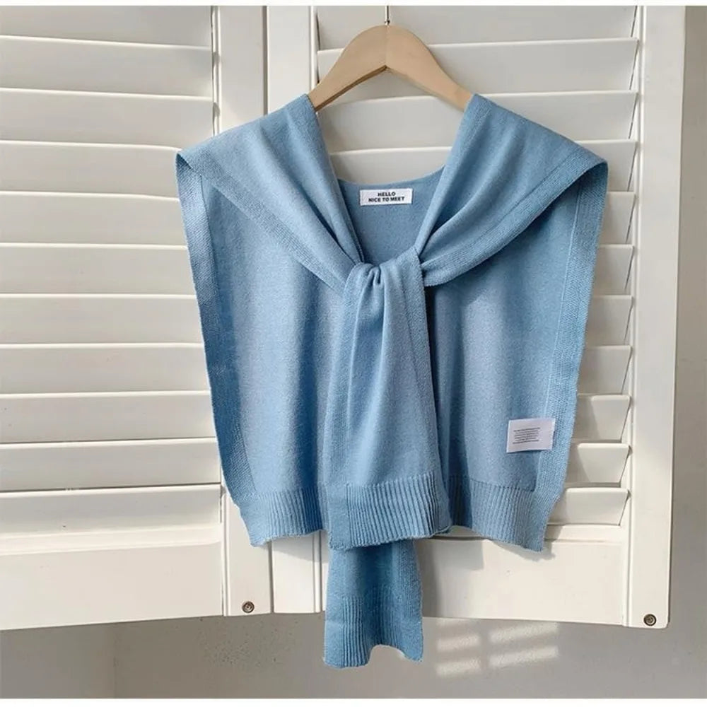 Fashion Knitted Design Knitted Shawl Knotted Solid Color Fake Collar Neck Guard Thin Shoulder Scarf Women Quake Light Blue