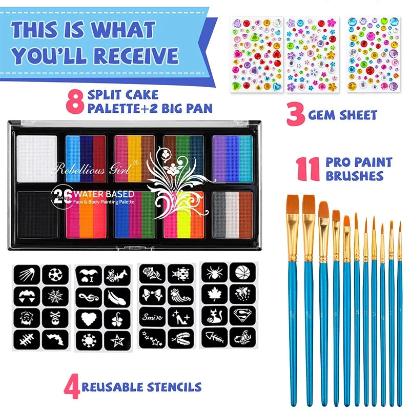 10 Colors Face Body Palette with Brushes and Palettes for Halloween,Christmas Body Painting,Easy to Clean, Effects Makeup Set Quake