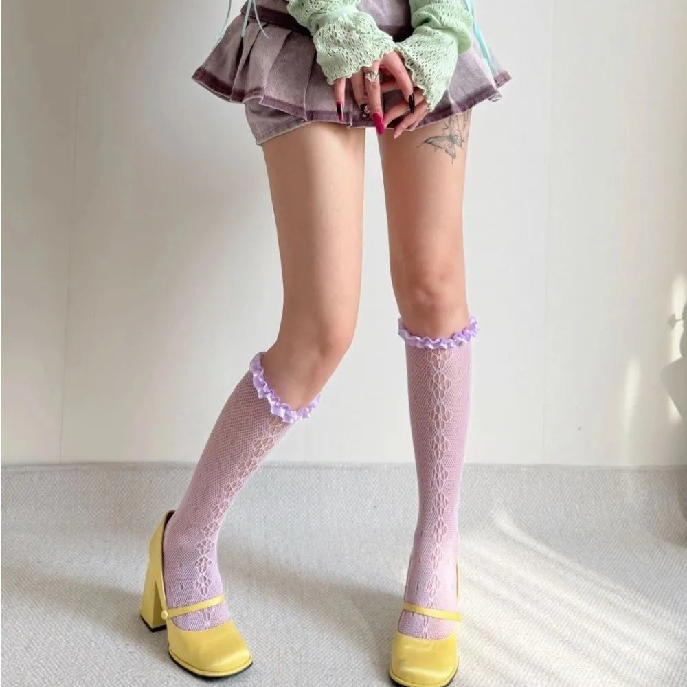 Sexy Solid Color Women's Stockings Hollow out Thin Pile Calf Socks Lace Korean Knee Highs Socks Girl Quake