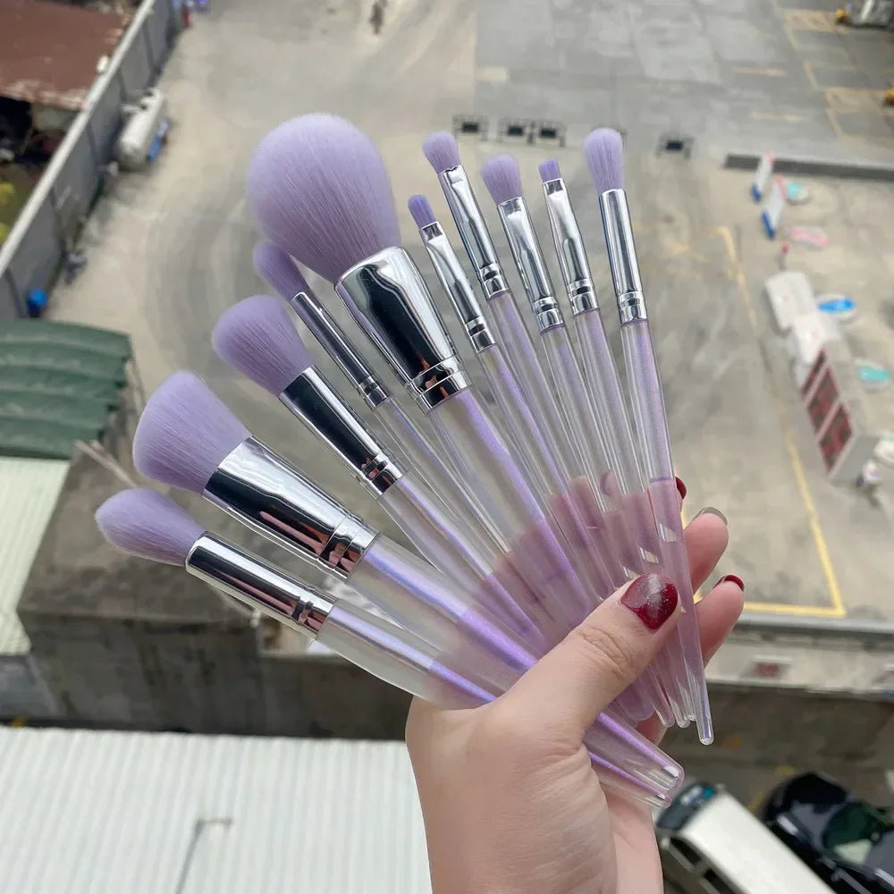 10pcs Crystal Handle Purple Makeup Brush with Makeup Bag Eye Shadow Loose Powder Foundation Sculpting Highlighter Eyebrow Brush Quake