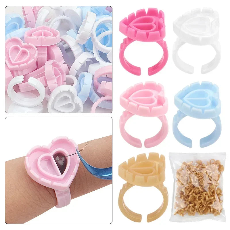 vvocci 100 PCS Heart-shaped Glue Ring Cup Disposable Plastic Eyelash Extension Tattoo Pigment Holder Pallet Lash Makeup Tools Quake