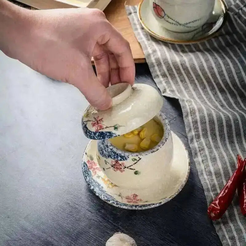 Steaming Bowl With Lid Ceramic Pudding Bowl Egg Steaming Cup Dessert Bird's Nest Small Egg Soup Bowl Quake