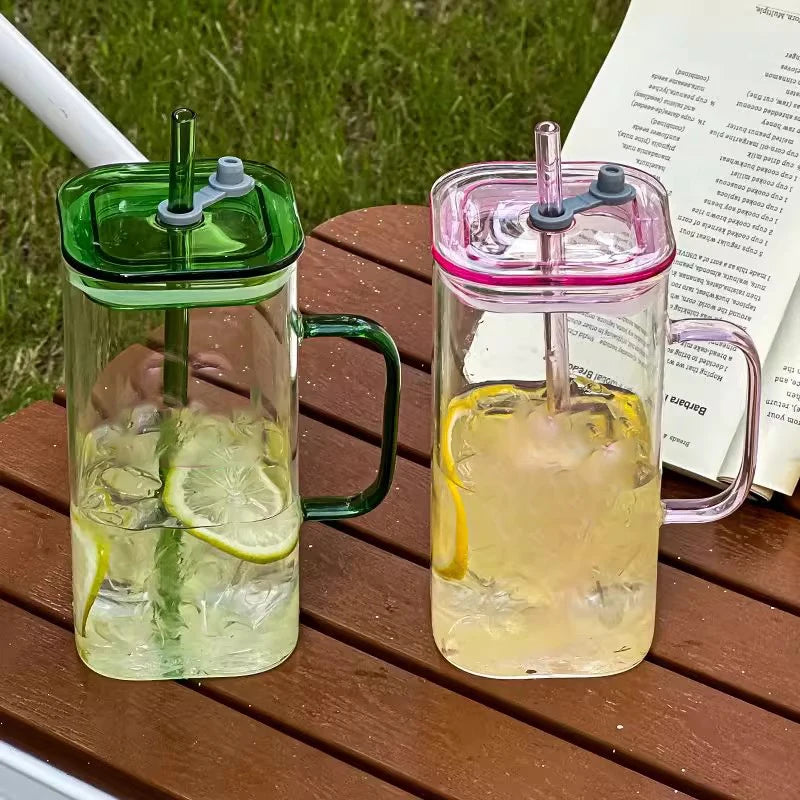 YWDL 350ml Glass Straw Cup With Lid And Straw Iced Coffee Handle Cup Drinking Mug For Juice Milk Tea Quake