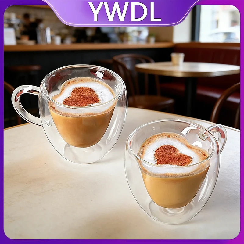 Double Wall Heart Shaped Glass Cup 150ml/250ml Borosilicate Glass Heat Resistant -20℃ to 150℃ Insulated Coffee Tea Cup Set of 2 Quake