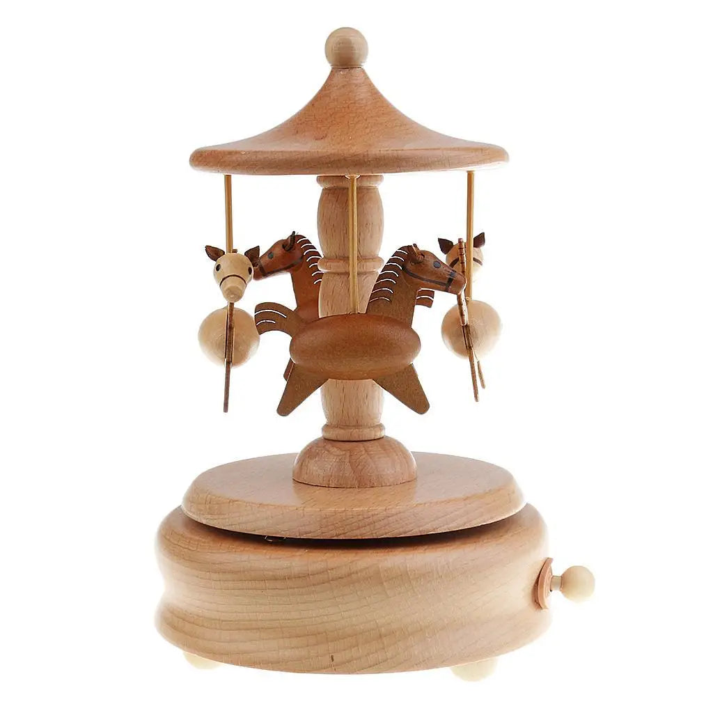 Wooden Music Box Wood Craft Decoration Birthday Christmas Gift for Kids Quake Carousel 11x17.5cm