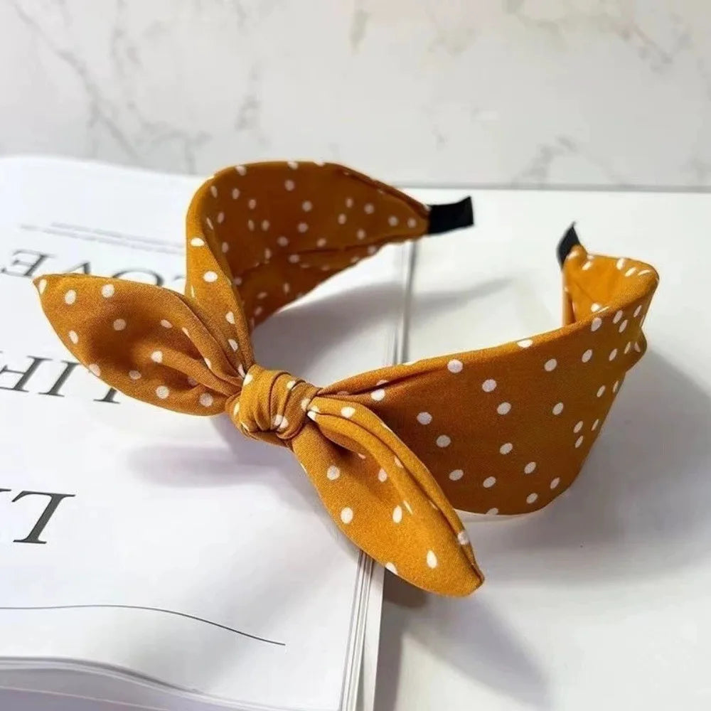 Retro Polka Dot Bow Headband for Women Girls Elegant Wide Edge High Skull Headband Fashion Versatile Hair Styling Accessories Quake Yellow